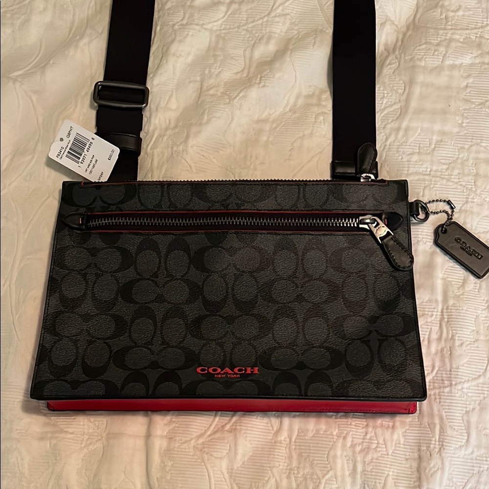 Coach Black and Red Men's Messenger Bag with adjustable strap